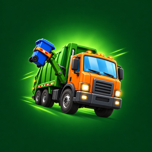 Trash Day Rush icon: an orange and green garbage truck lifting a blue bin